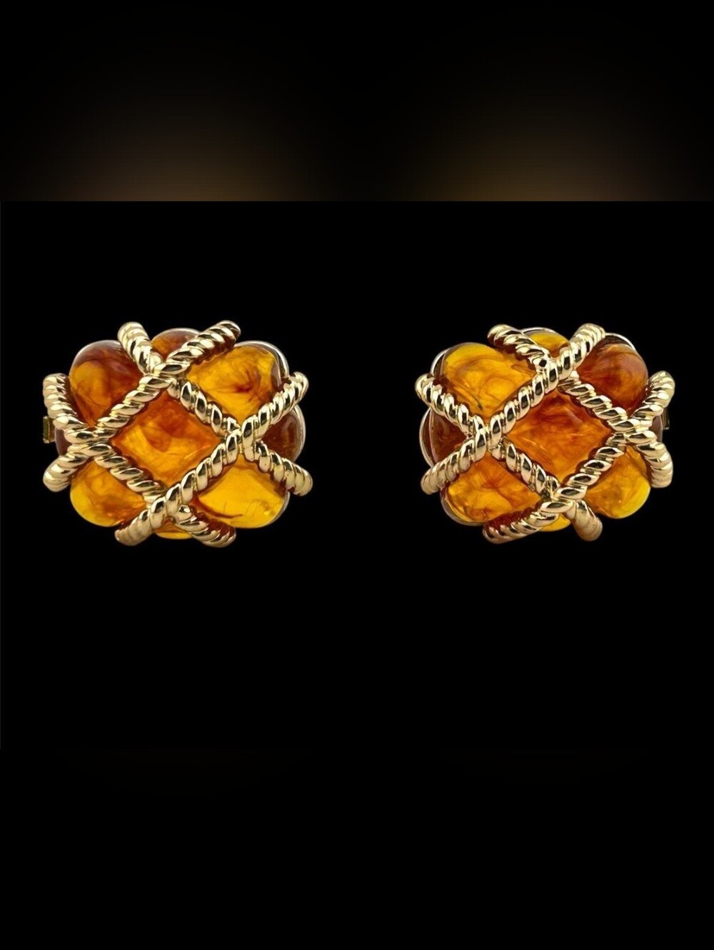 Kenneth Jay Lane Gold Rope "Caged" Glass Amber Clip Earrings